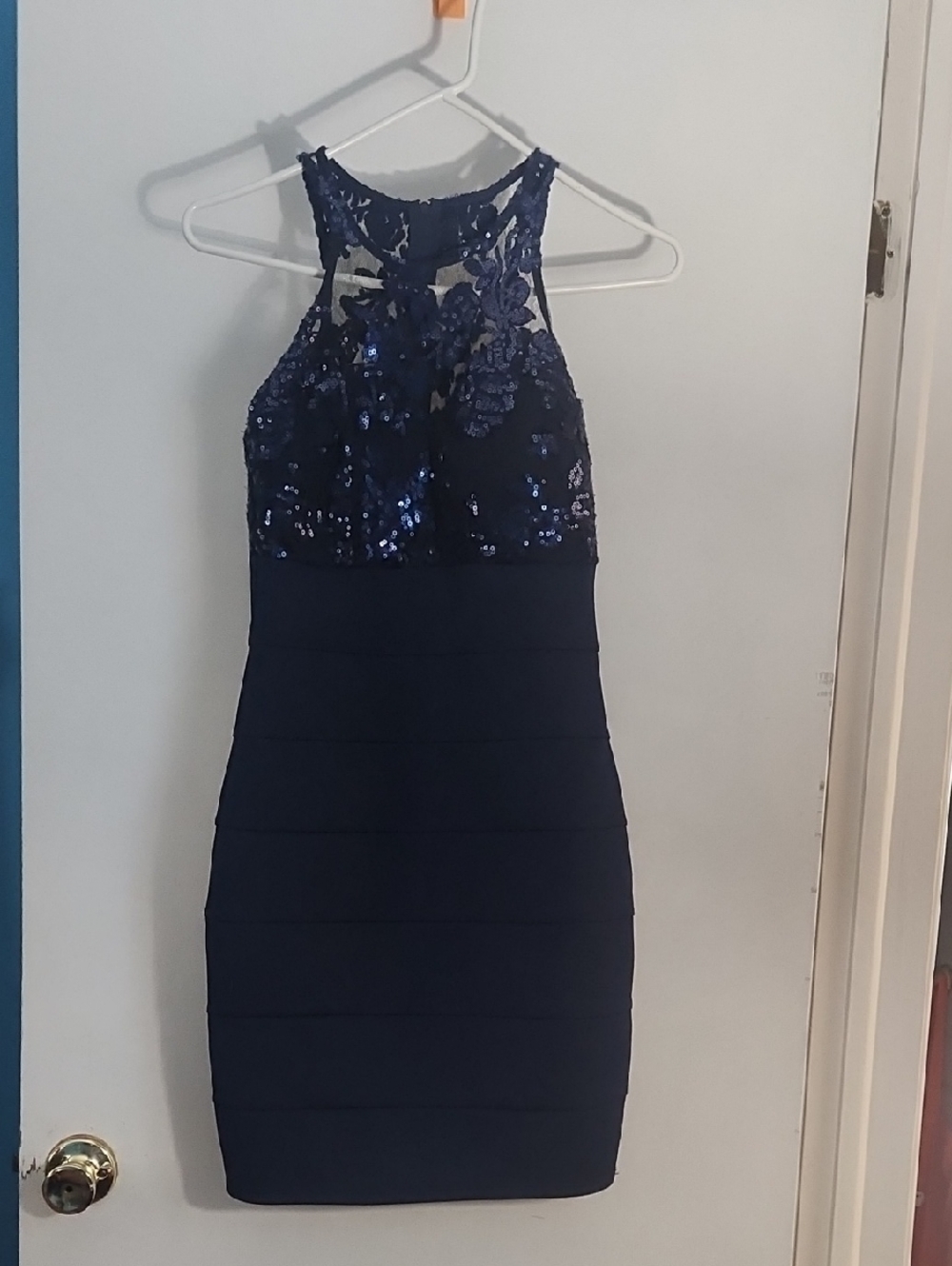 My Michelle Navy Blue Sequin Halter Mini Dress